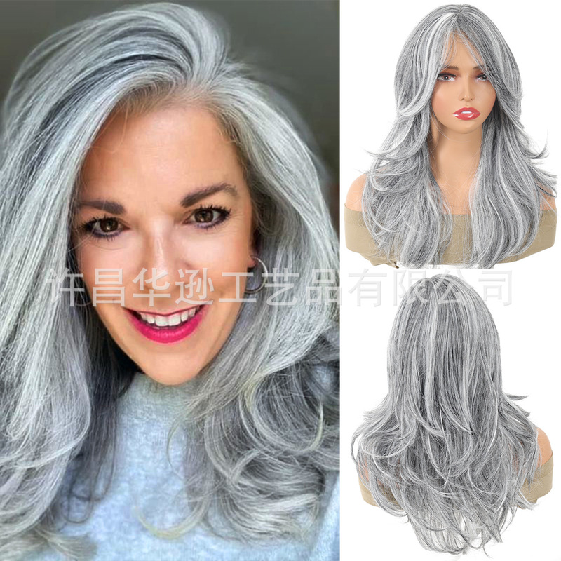 Europe and the United States hot-selling silver gray big wave female headgear heat-resistant wig natural curl layering fashion hairstyle wholesale