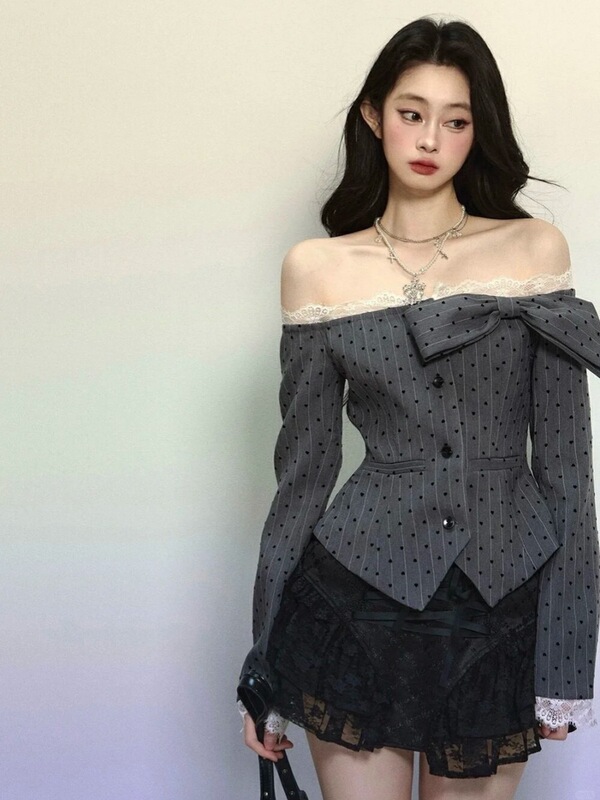 法式小香风甜辣一字领波点蝴蝶结设计感上衣女小众高腰半身裙套装|undefined