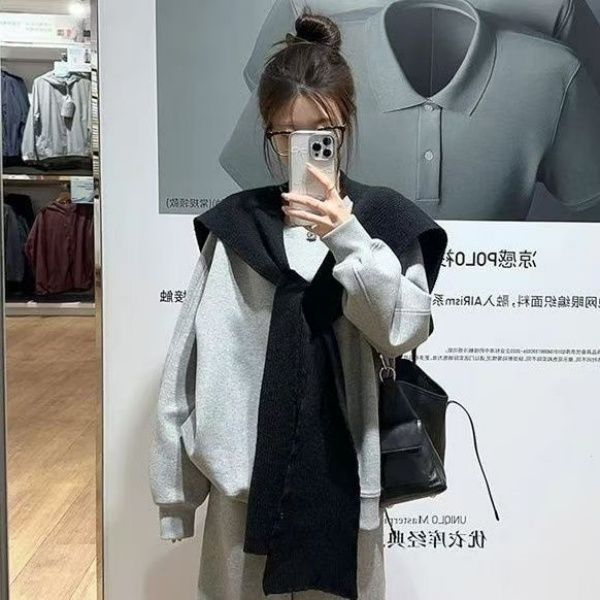 慵懒风韩系圆领长袖宽松卫衣叠穿披肩外搭秋冬季高腰阔腿裤三件套|undefined