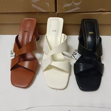 ZA新款2024夏季方头一字交叉带露趾外穿凉鞋女粗跟牛皮革高跟鞋女