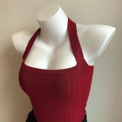 G 夏薄い香港スタイルサスペンダーノースリーブベスト女性のレトロレッドニットバックレススリムショートホルターネックワイドショルダーストラップ