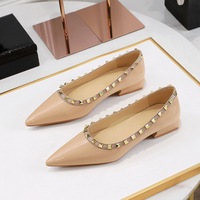83926 Korean Professional Style Shallow Mouth Pointed Flat Heel Women's Shoes with Rivet Decoration Lacquer Leather New Versatile Single Shoes