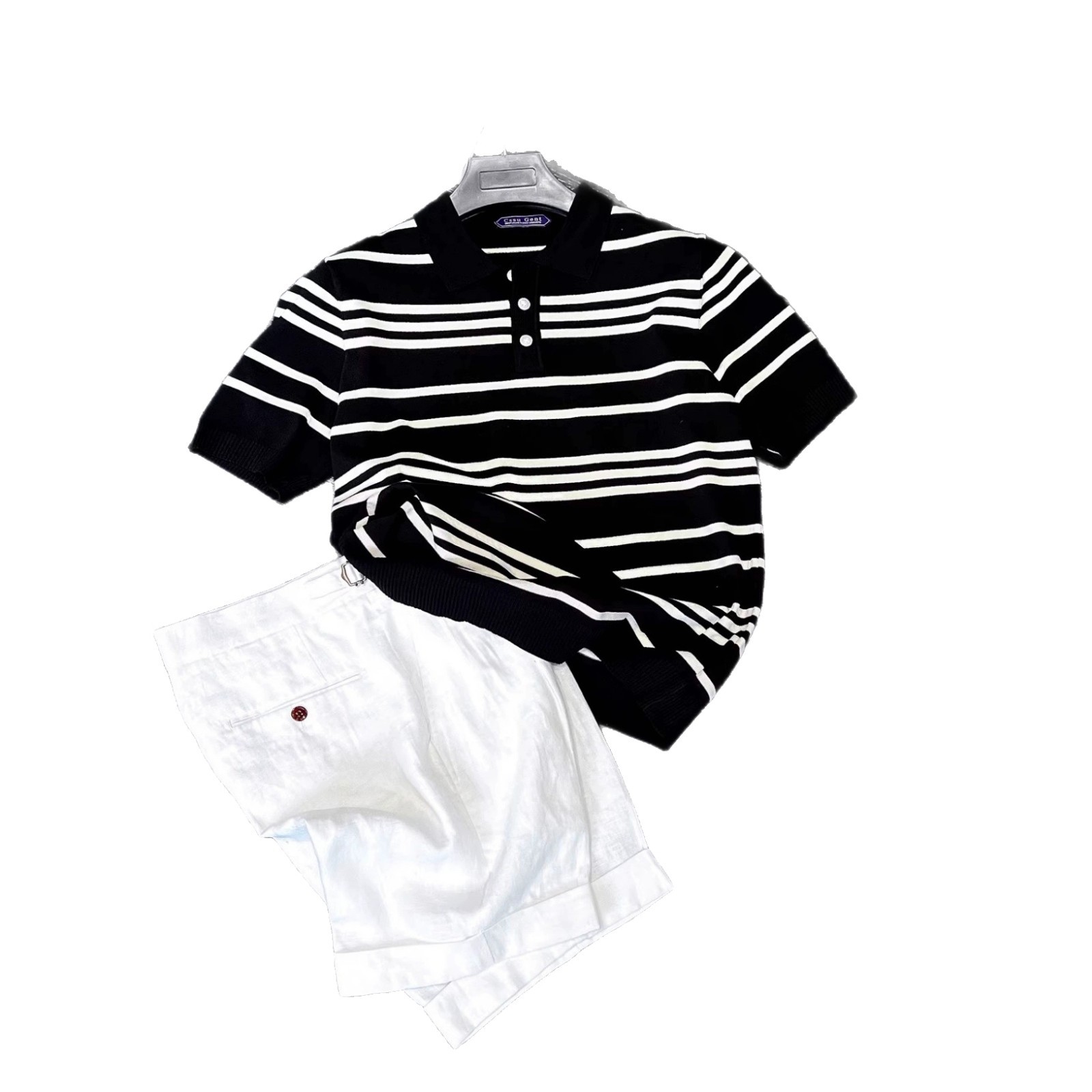 Camiseta de polo a rayas masculina de verano suelta japonesa con solapa de manga corta suelta marca de moda retro camiseta de negocios de media manga