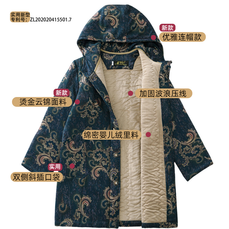 카멜 벨벳 코튼 의류 여성 중년 및 노인 두꺼운 코튼 패딩 코트 후드 패션 코트 중간 길이의 겨울 어머니의 느슨한 플러스 사이즈