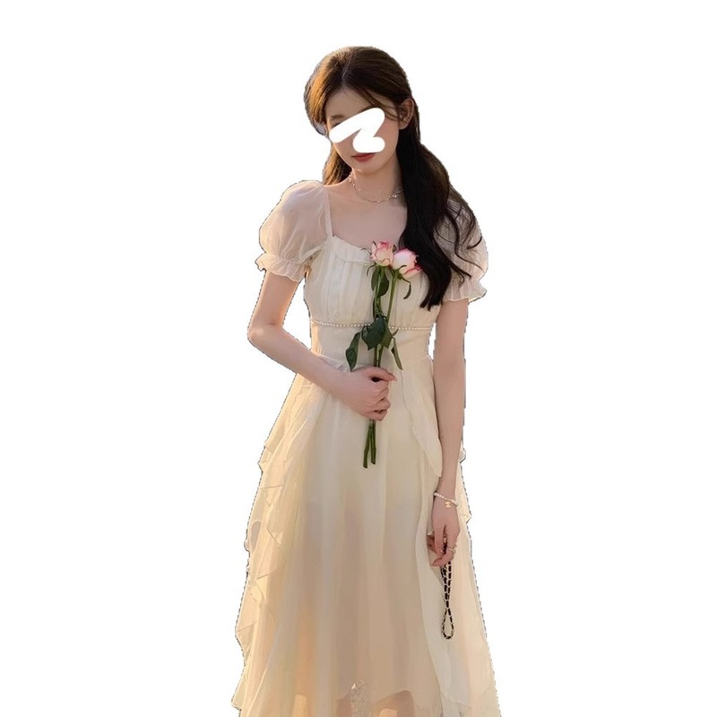 フレンチスクエアネック甘くて優しいフェアリースタイルドレスレディース夏の新しい女性のウエスト痩身ミドル丈スカート|undefined