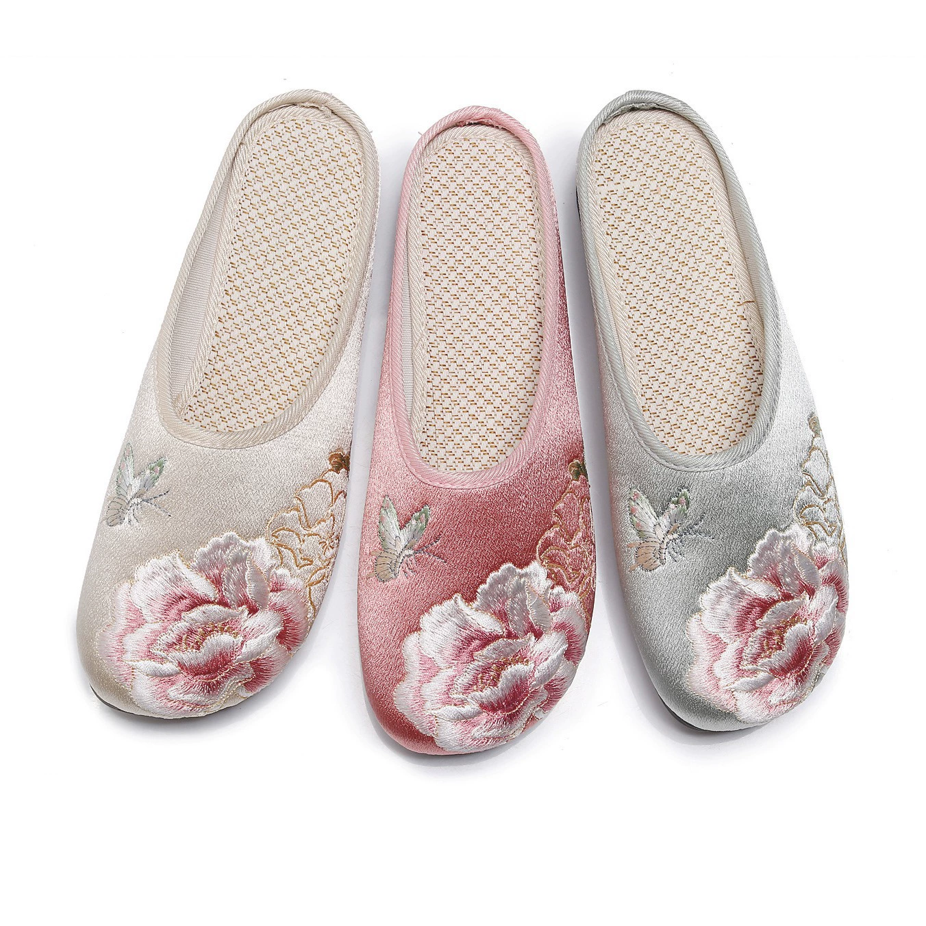 Хлопковые тапочки/одиночные тапочки 2022 года весна-лето новые мерсеризованные атласные туфли с вышивкой желе на мягкой подошве женские туфли