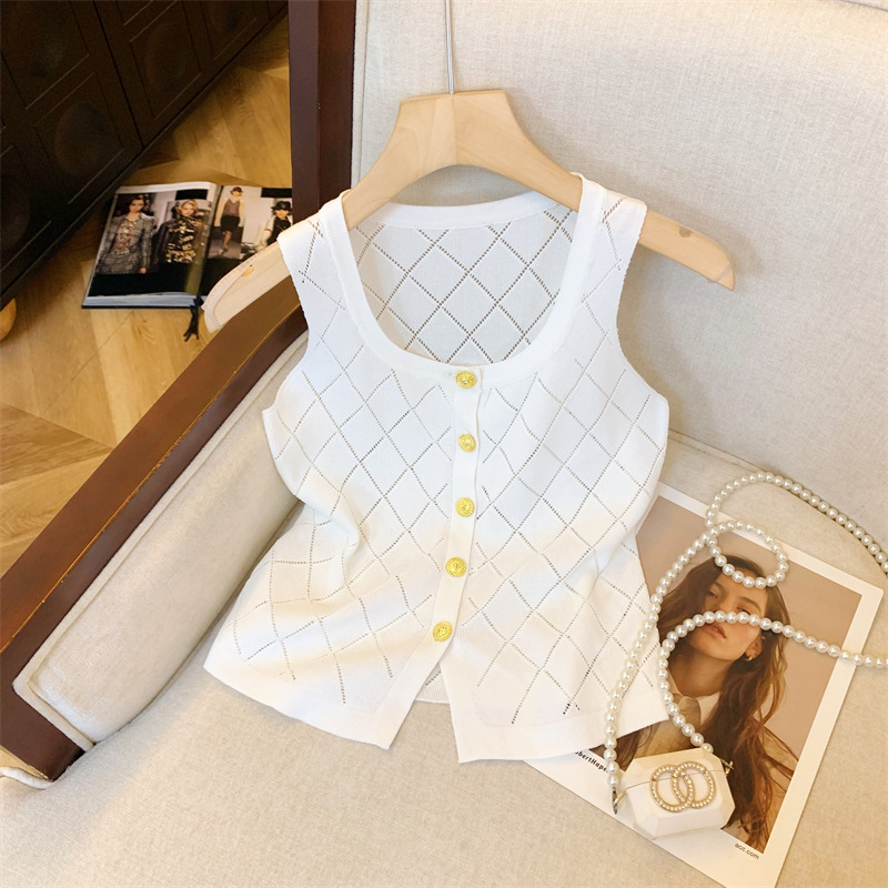 Elegant and Stylish High-End Diamond-Patterned Hollow-Out Knit Sweater Camisole for Women, New Summer Trendy Top