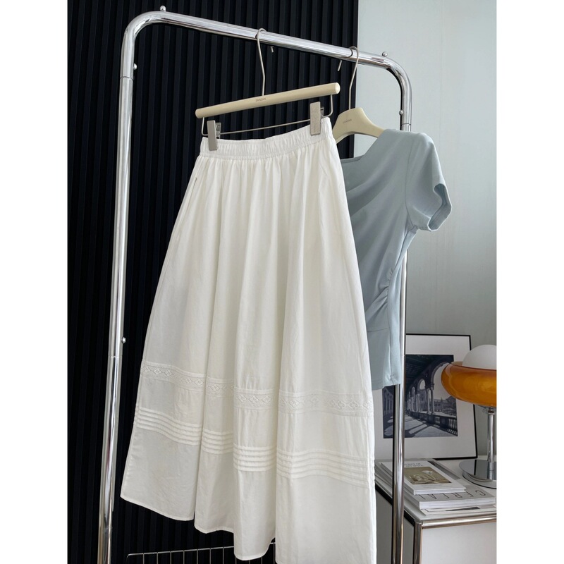 Plus Size Hong Kong Style Lace White Skirt Summer Mid-Length High-Waisted A-Line Umbrella Skirt Fat mm Belly-Covering Long Skirt