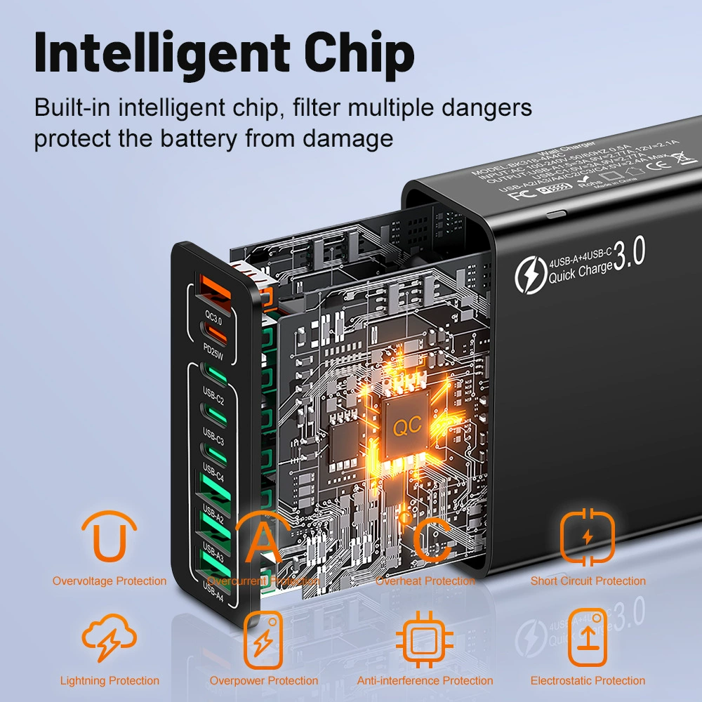 Зарядное устройство для мобильного телефона с 8 портами (4 USB + 4 Type-C), многопортовый быстрой зарядки QC3.0