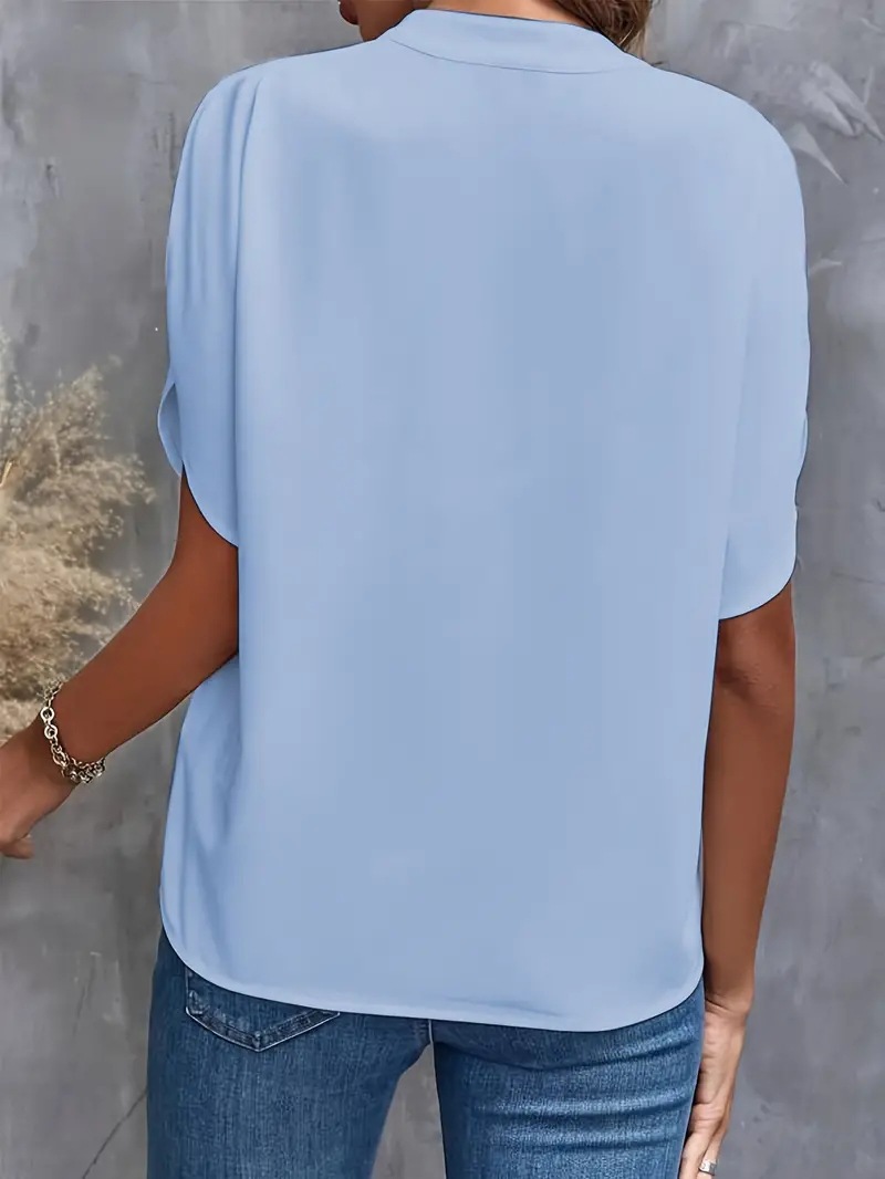 2024 Cross-Border European And American Foreign Trade Women's Summer Casual Short-Sleeve Solid Color V-Neck Loose_ecoleips.com