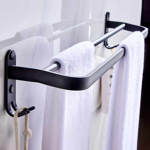 Towel rack punch-free bathroom single pole double pole space aluminum black toilet hanging rod wall-mounted bathroom towel bar