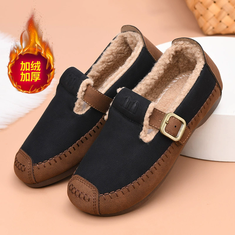 Новые зимние модные женские туфли 2025 года: утепленные хлопковые туфли с двойным флисом и утолщенной подошвой, нескользящие, оптом