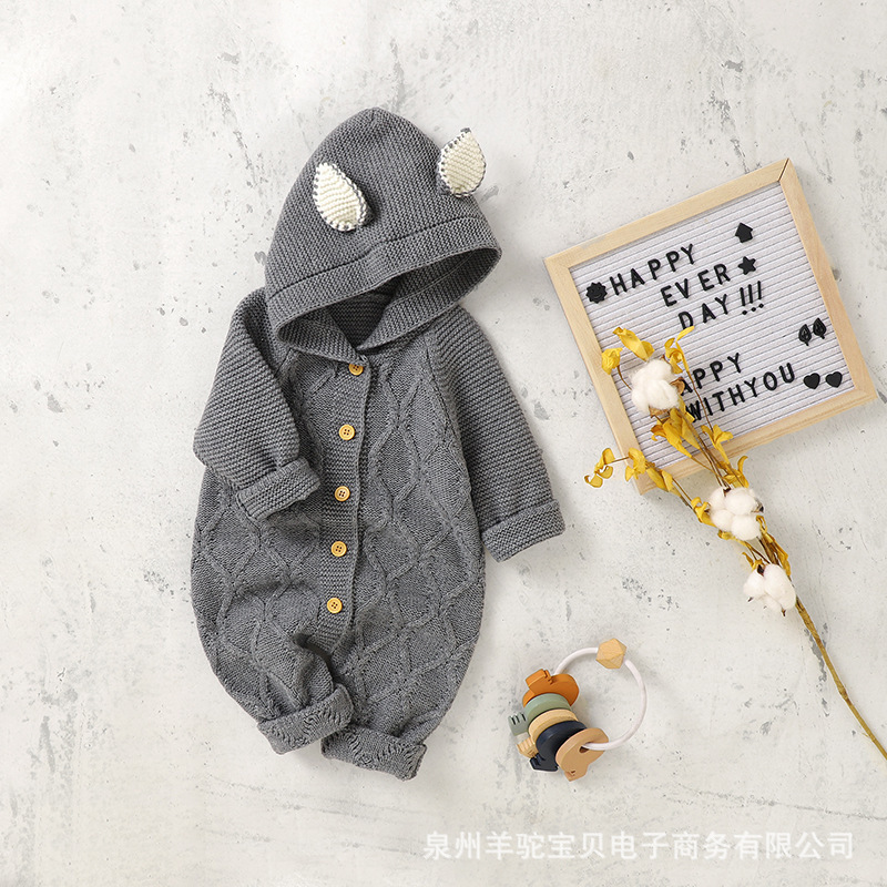 ins热卖秋冬新款婴儿针织小耳朵纯色连体哈衣爬服|undefined