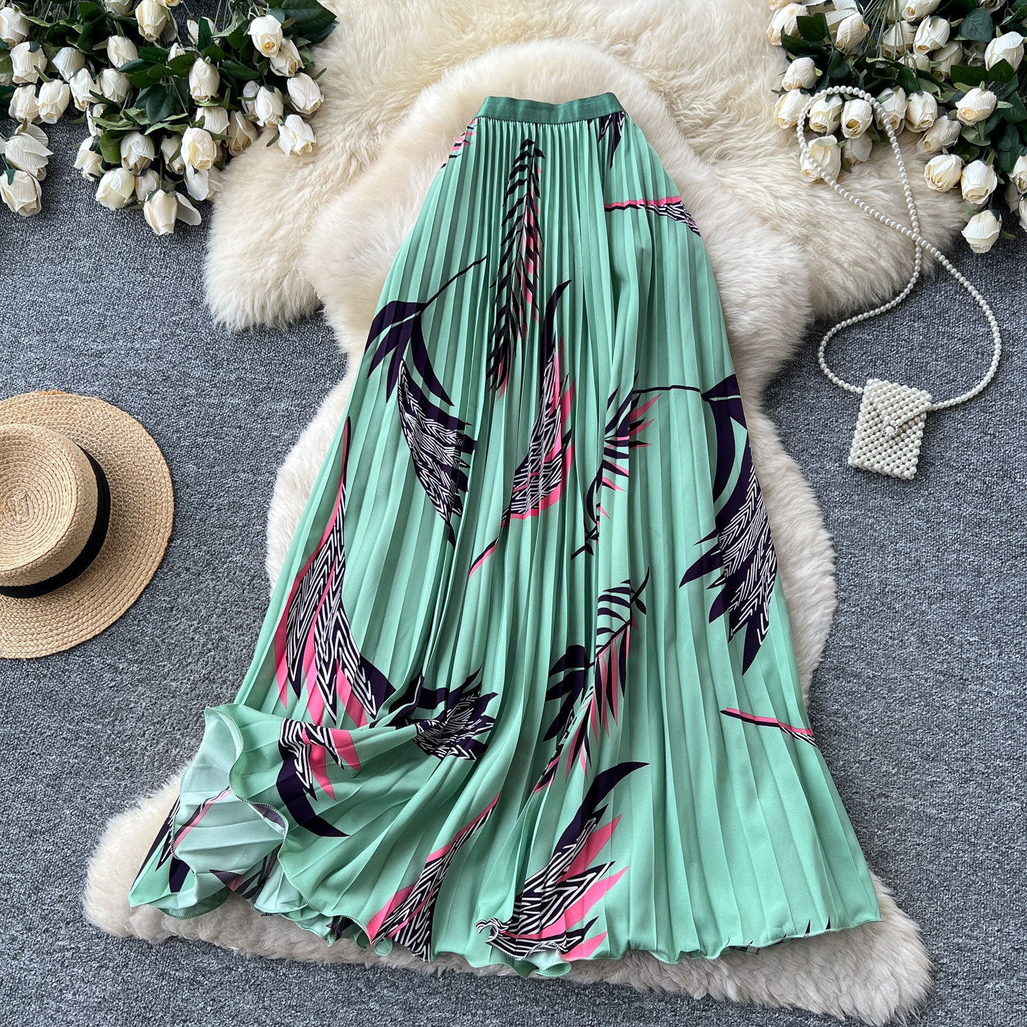 High Waisted Slimming Pleated Midi Skirt for Women French Style Printed A-Line Perfect for Summer Vacation And Work_ecoleips.com