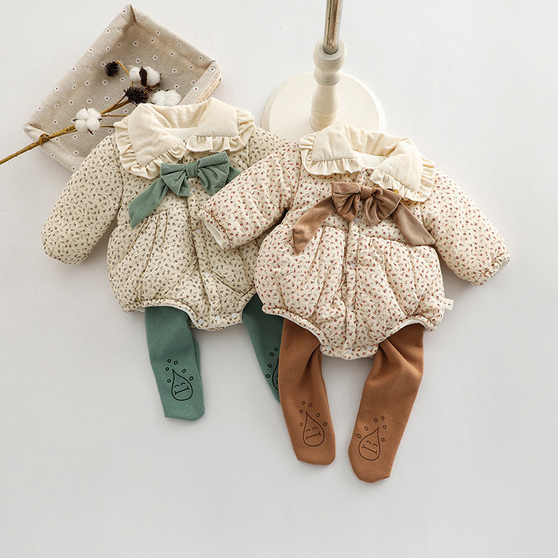 Korean Style Baby Girl's Quilted And Velvet Thickened Winter Cotton Clothing Infant And Toddler Floral Color Matching Khaki