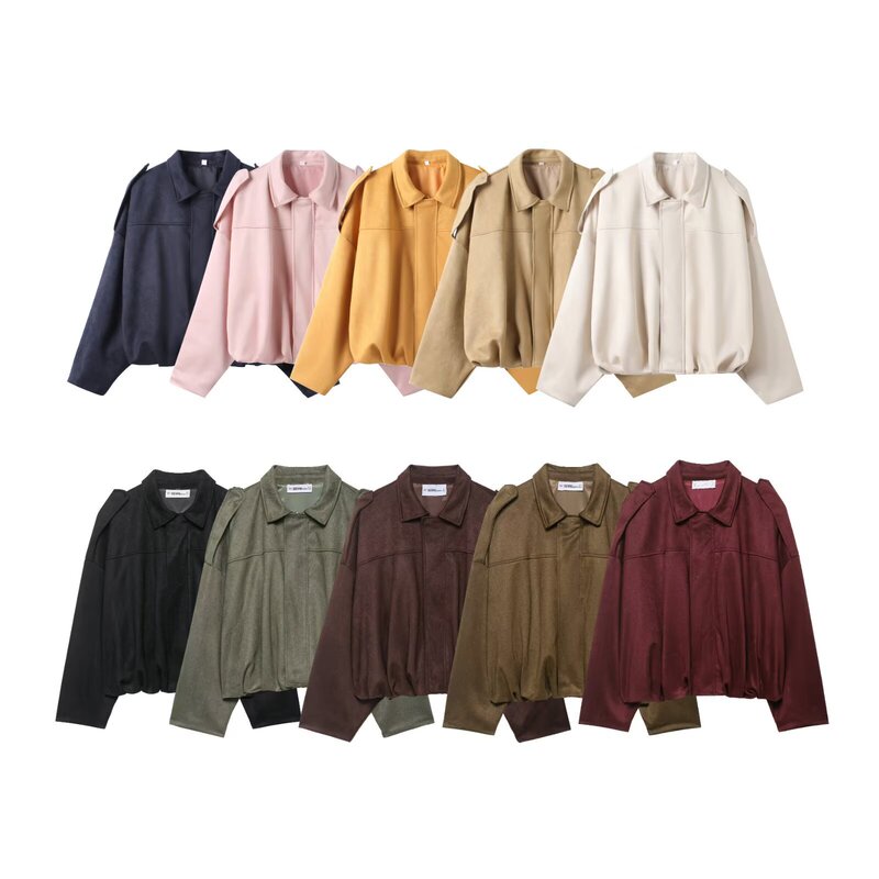 Zg Foreign Trade Cross-Border Women's Clothing New Fashion Suede Texture Lapel Bomber Jacket Straight Shoulder Coat for Women Zg Foreign Trade Cross-Border Women's Clothing New Fashion Suede Texture Lapel Bomber Jacket Straight Shoulder Coat for Women
