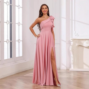 外貿單肩晚禮服亞馬遜晚禮服生日宴會蓬蓬裙綠色高開叉性感連衣裙