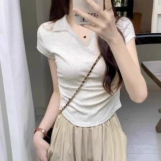 正肩短袖T恤女夏季美式辣妹polo翻领设计感纯欲收腰短款V领上衣桖