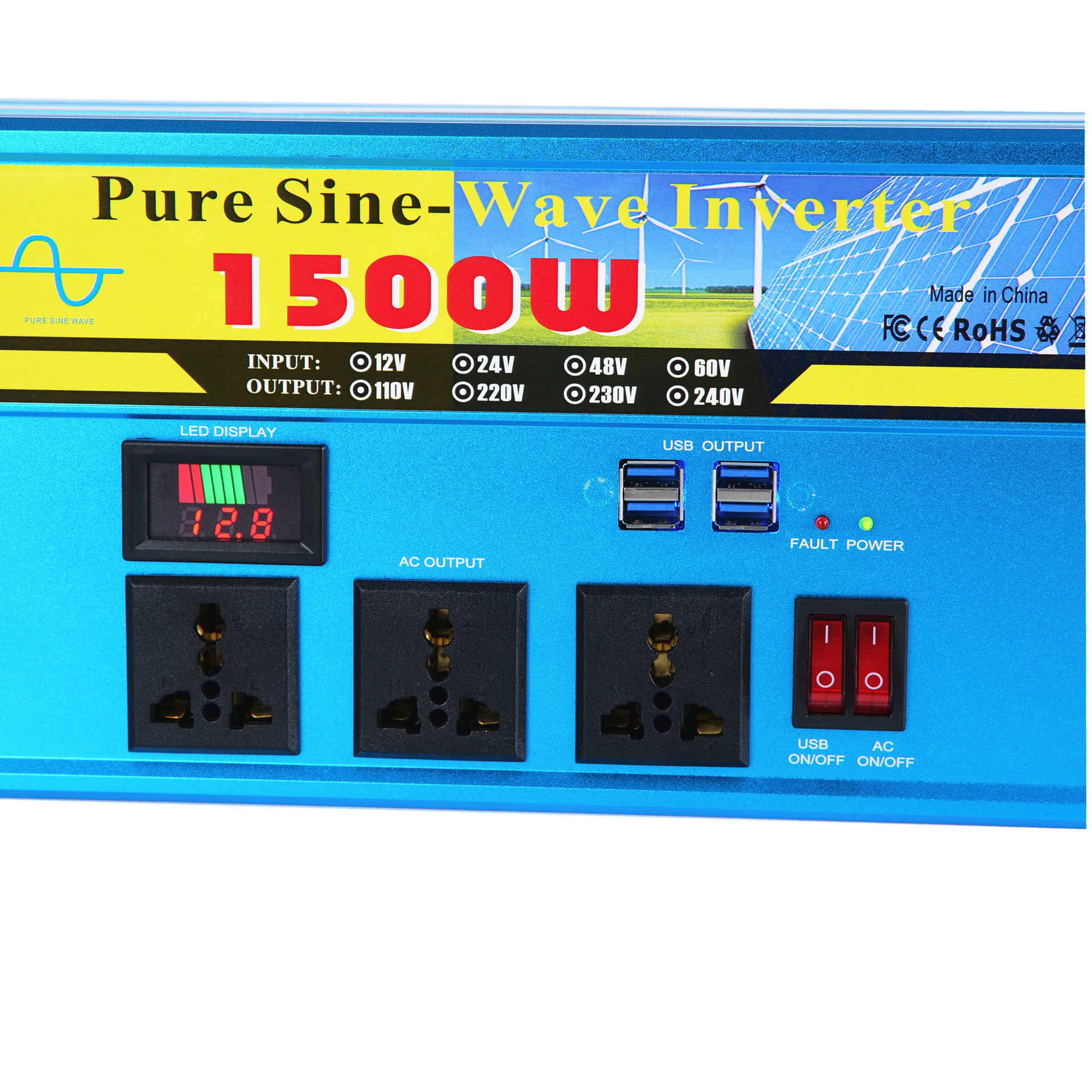 工厂直销 1500w纯正弦波逆变器 三插座双开关 12V24V转110V220V