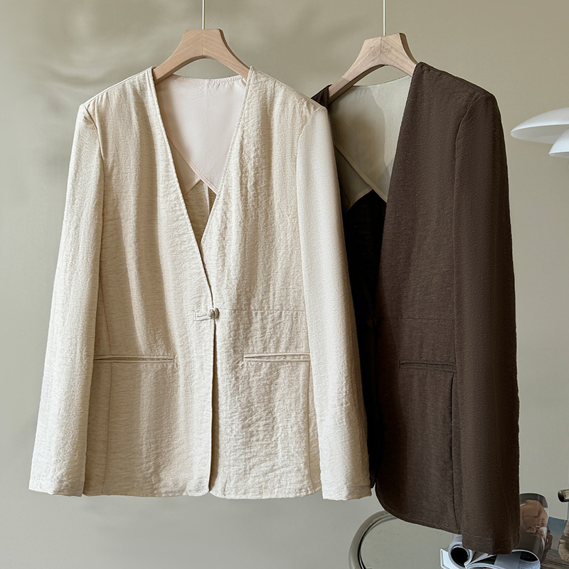 Chinese Style Linen V-Neck Suit Pants Set, Thin New Chinese Style Loose Jacket and Wide-Leg Pants Two-Piece Set