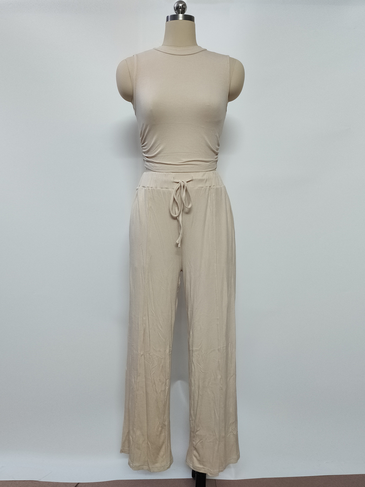 Women's Clothing Summer Leisure Suit Sleeveless Round Neck Short Slim Fit Top Wide Leg Pants Two Piece Suit_ecoleips.com
