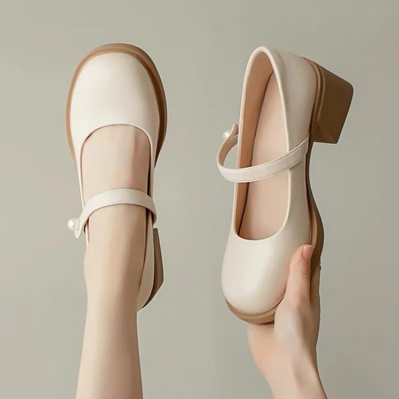2026 primavera y otoño zapatos de cuero redondos de perla de cuero suave francés zapatos de mujer de tacón grueso zapatos de noche