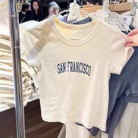 BM风纯欲米色旧金山SAN FRANCISCO字母短袖T恤女bm半袖正肩上衣潮