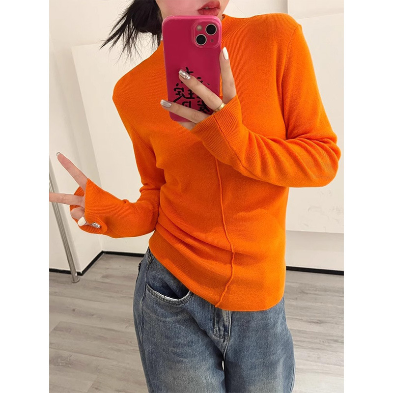 Eggshell Yolk Half-turtleneck Sweater Women's Autumn and Winter 2024 Slim-fit Slim-fit Base Sweater Wool Stitching Top