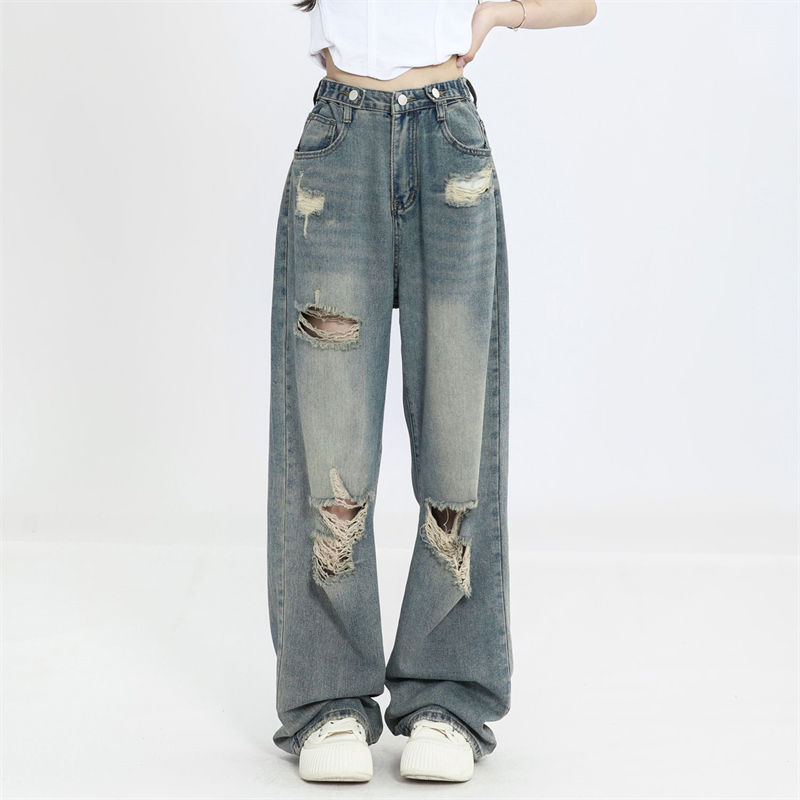 Blue High Street Ripped Jeans for Women, Loose Summer New High-Waisted Wide-Leg Pants, Versatile Slimming Straight Pants, Trendy