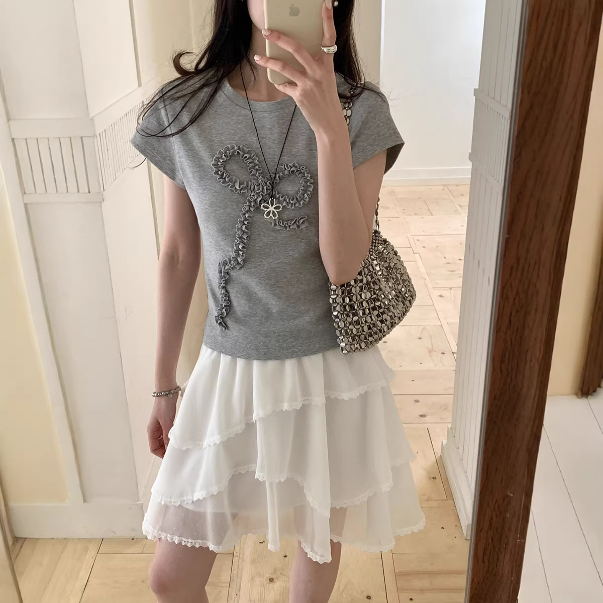 Weisong Pleated Bow Round Neck Regular Shoulder T-Shirt for Women, Short Sleeve, Summer 2026 New Korean Style Versatile Casual Top