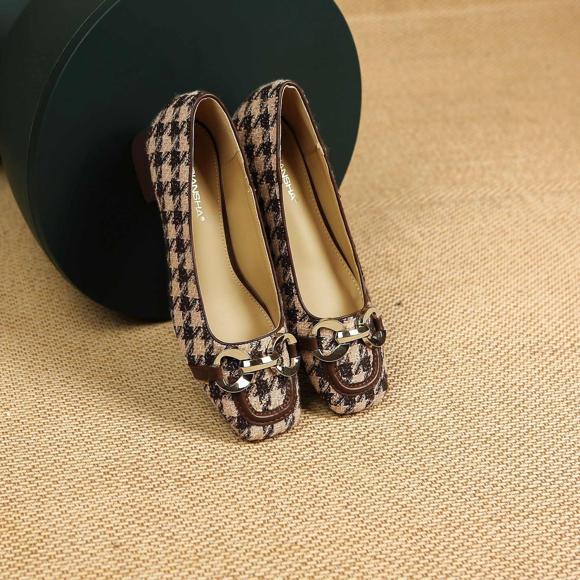 Houndstooth Square Toe Casual Single Shoes Women Summer New Metal Chain Low Heel Shallow Mouth S Soft Bottom Slip On_voghion.com