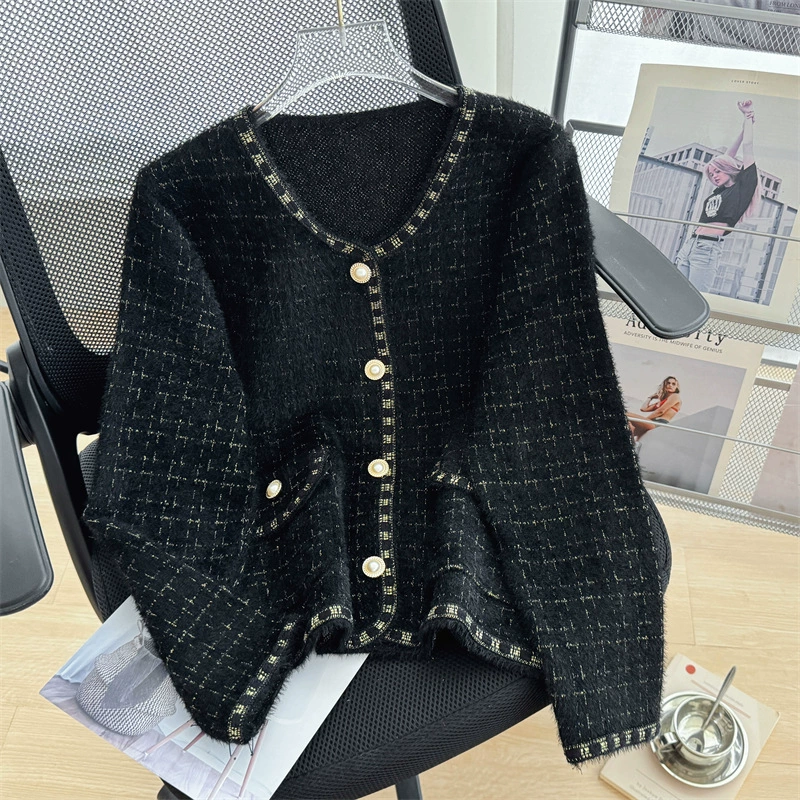 KANING из искусственного норкового бархата, брюки с круглым вырезом и карманами, вязаный кардиган для женщин, осень 2022, новая мода, небольшой ароматный свитер, куртка