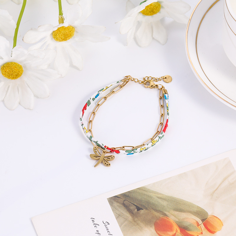 304 Stainless Steel, Bandana, Cloth Material Ethnic Style Dragonfly 304 Stainless Steel Bandana Cloth Silk Scarf Cord Paperclip Chain Beaded Bracelets Wholesale