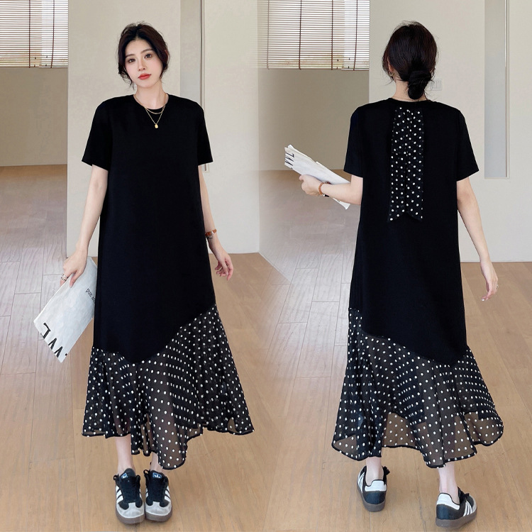 Summer new/long plus size cool feeling air cotton French style stitching wave dot quality short sleeve dress