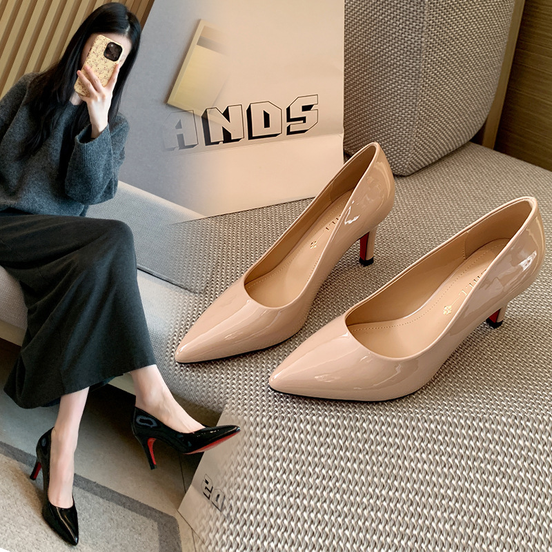 Fat Red-Soled High-Heeled Shoes for Women, Patent Leather French-Style Single Shoes, Black Work Shoes, Extra Wide Large Size Women's Shoes
