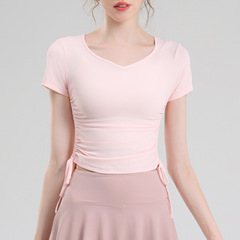 天青色純色V領運動T恤女短袖裸感透氣訓練服修身顯瘦健身服上衣