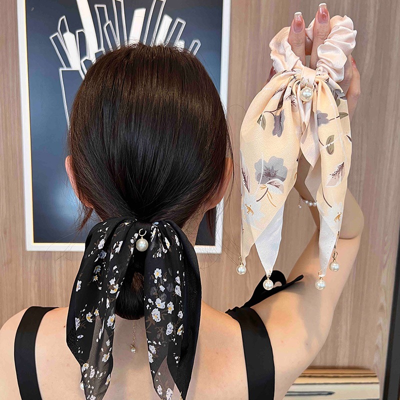 Arco elegante tocado de cabello de cola de caballo correa de correa de correa de cabello de mujer anillo de cabello colgante de perlas en cuerda de cabeza verano