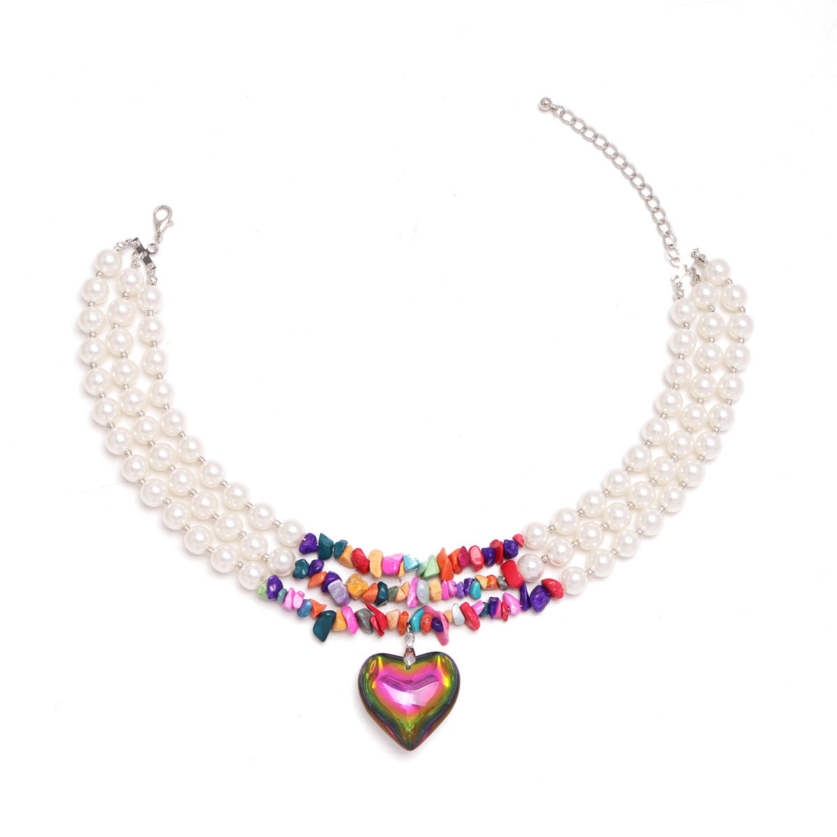 Collar largo retro con cadena de perlas turquesas y corazón cristal_voghion.com