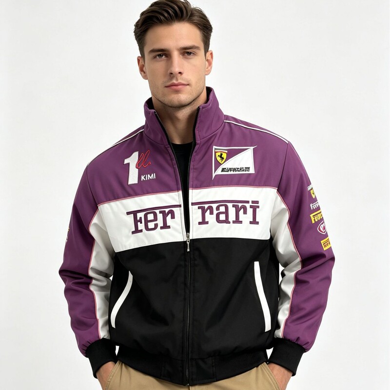 New F1 racing suit, purple Ferrari cotton jacket, sporty style, stand-up collar, color-block design, zippered outerwear, custom embroidery New F1 racing suit, purple Ferrari cotton jacket, sporty style, stand-up collar, color-block design, zippered outerwear, custom embroidery