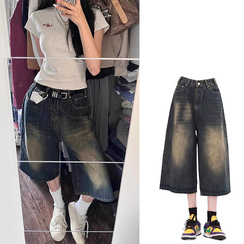 American High Street Cropped Denim Shorts for Women, Summer New Style, Distressed, Loose, Wide-Legged, Slimming, Versatile Straight Mid-Pants American High Street Cropped Denim Shorts for Women, Summer New Style, Distressed, Loose, Wide-Legged, Slimming, Versatile Straight Mid-Pants
