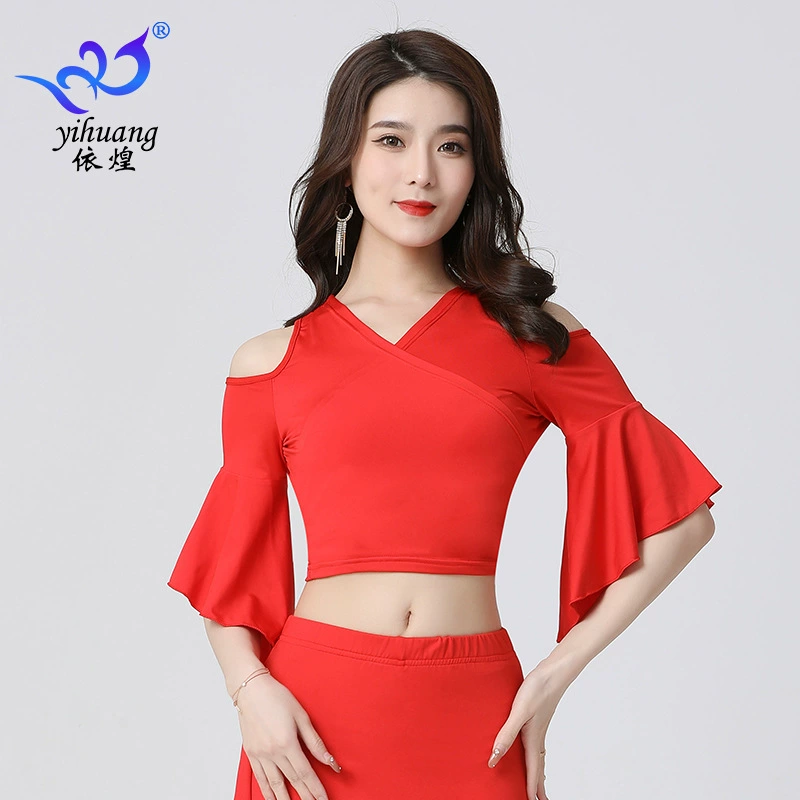 Костюм для танца живота Тренировочный костюм Танцевальный костюм с перекрестным верхом Костюм для латинских танцев Костюм для командного танца с рукавами трубы Тренировочный костюм