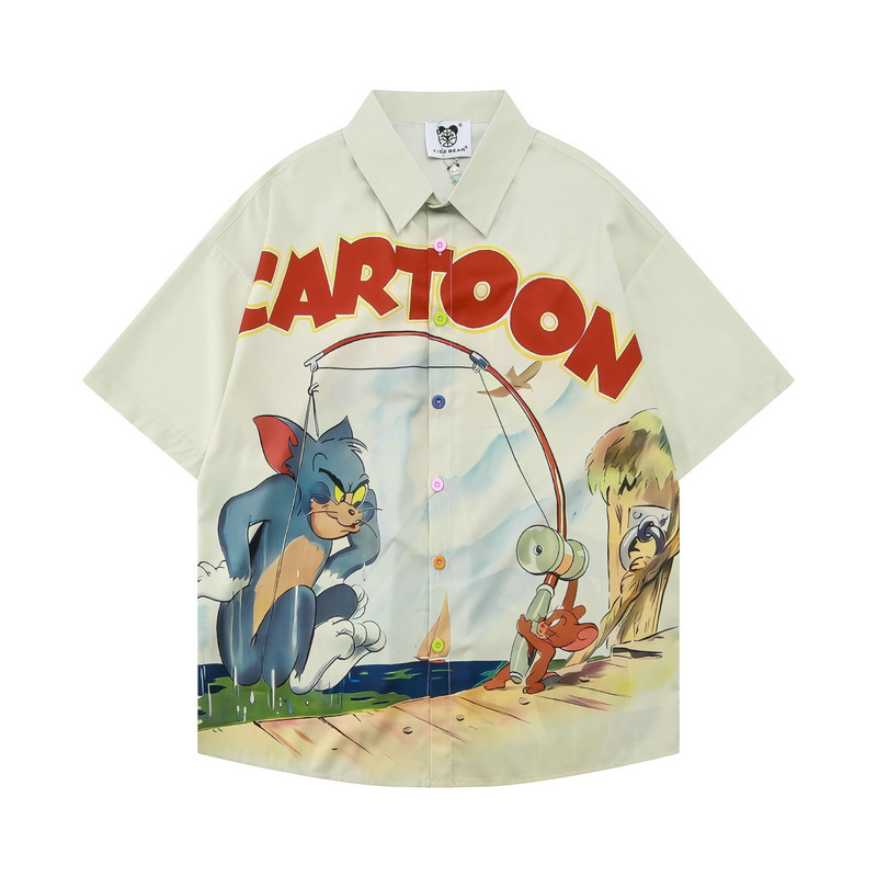 Chao Shen's Summer Casual Cartoon Printed Cat and Mouse Cute Girl Childish Loose Short-sleeved Beach Shirt Cardigan