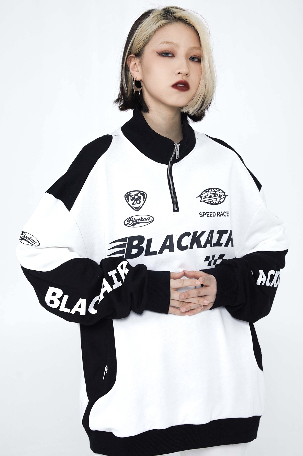 Original americano retro media cremallera color a juego ropa de carreras suéter para hombres y mujeres Primavera y otoño pareja marca de moda calle alta chaqueta de la motocicleta