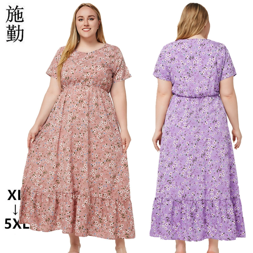 Оптовая продажа женских летних платьев больших размеров с круглым вырезом, коротким рукавом, принтом и карманами для международной торговли Amazon.