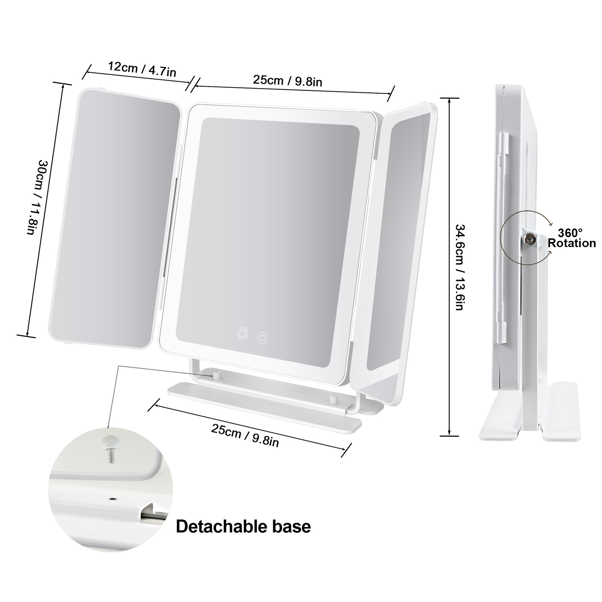 Espejo de maquillaje con luz, espejo triple de celebridades de Internet, espejo plegable de escritorio grande, espejo de tocador portátil con luz de relleno led