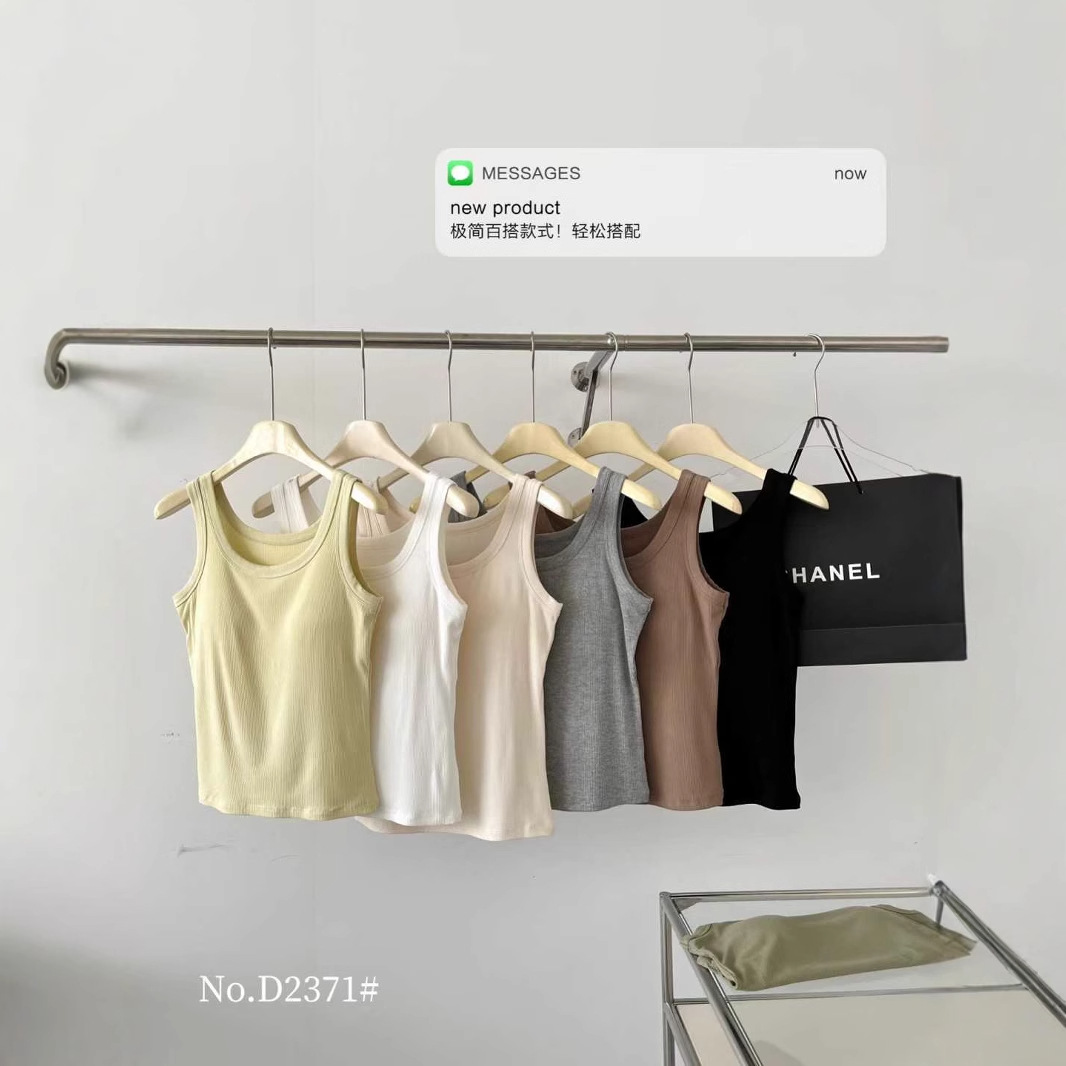 Spring and Summer with Chest Pad Sling High-end Sense Outer Wear Explosions Solid Color Threaded Round Neck Small Knitted Bottoming Vest for Women