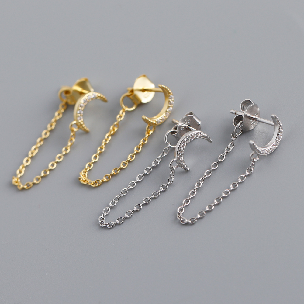 1 Pair Simple Style Moon Sterling Silver Tassel Inlay Zircon Earrings display picture 4