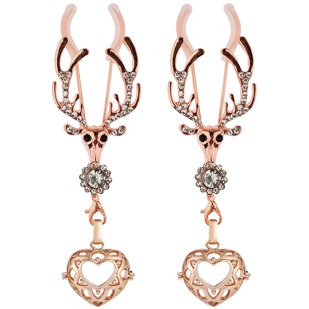 麋鹿夹+玫瑰金心形镂空吊坠(1对)
