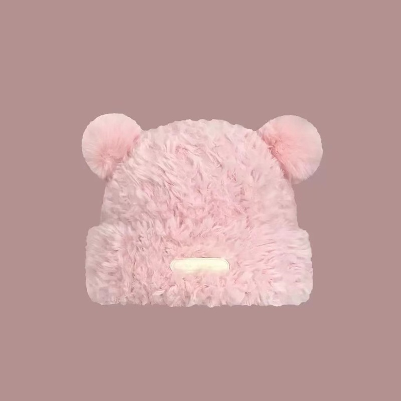 ニット帽クマぬいぐるみ女性の秋と冬暖かい模造毛皮プルオーバーウール帽子顔が小さく見える甘くてかわいい盆地帽子|undefined