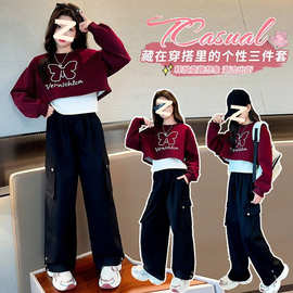 女童韩版工装运动套装2025新款中大童卫衣背心长裤时髦运动三件套